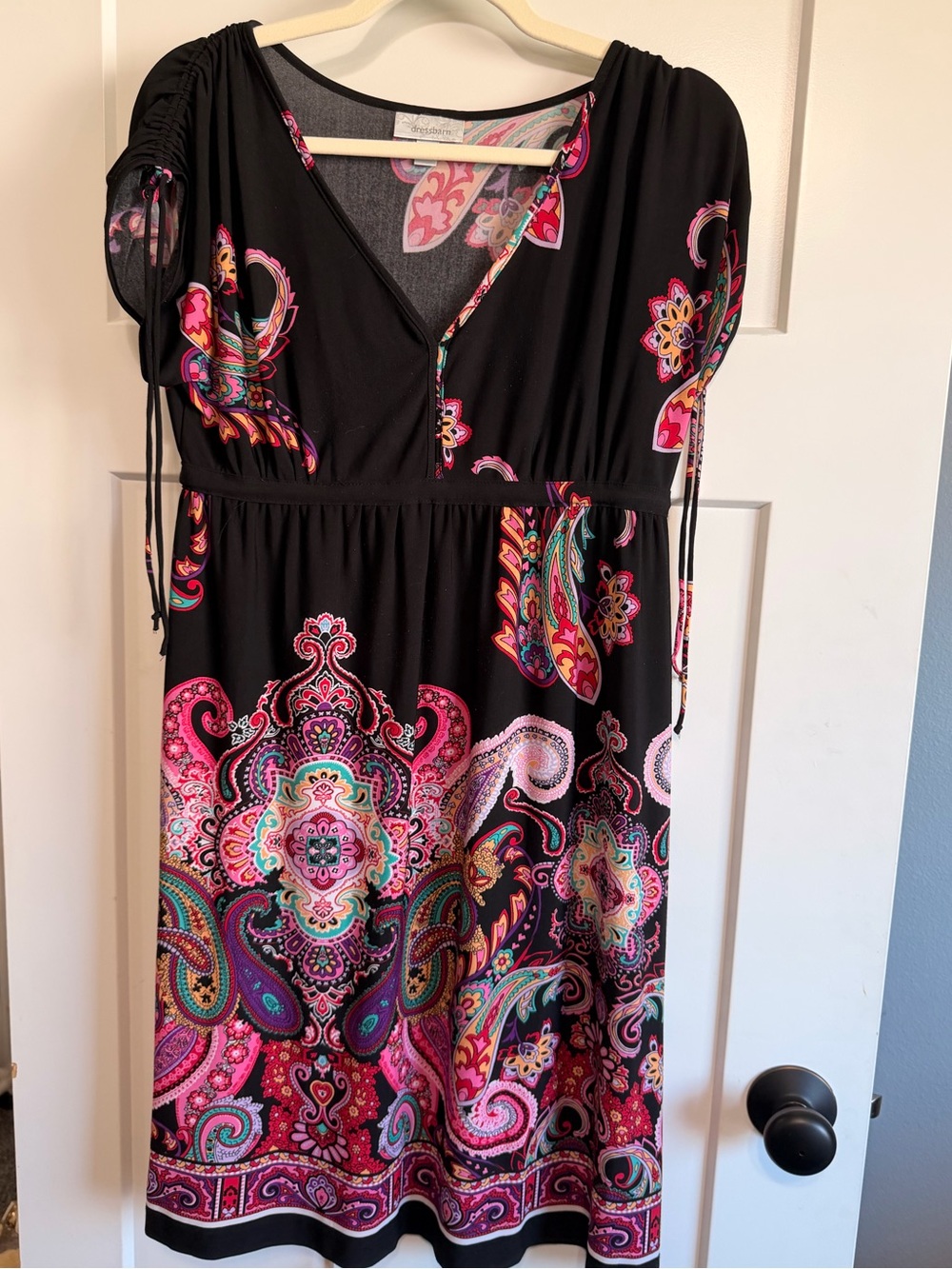 dressbarn Black Midi Dress with Vibrant Paisley Print